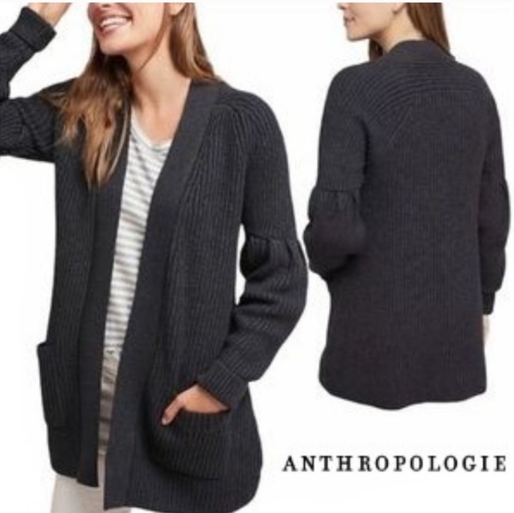 ANTHROPOLOGIE KNITTED & KNOTTED DARK Gray MAJELLA Open Front WOOL BLEND CARDIGAN - Picture 2 of 16